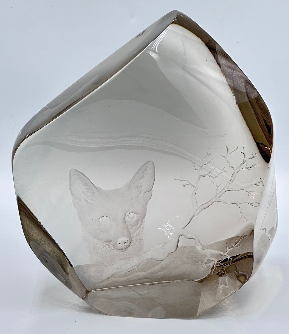 MCM Strömbergshyttan Studio Art Engraved Fox Glass Iceberg Sculpture Decor